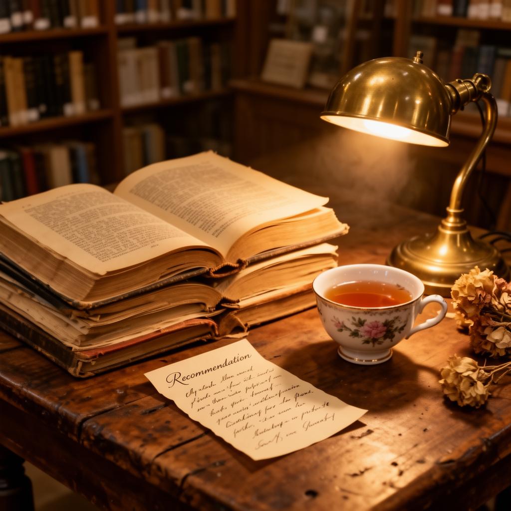 Aufgeschlagenes Buch, eine Tasse Tee und eine handgeschriebene Empfehlungskarte unter einer Messinglampe