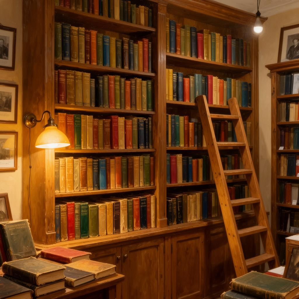 Hohe Bücherregale mit alten Romanen, eine Holzleiter lehnt daran