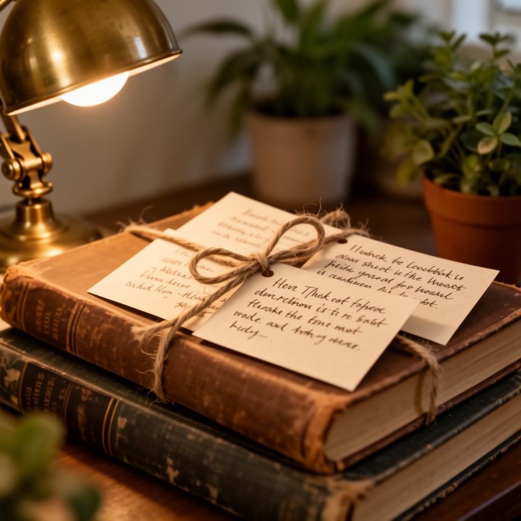 Handgeschriebene Empfehlungskarten auf alten Büchern